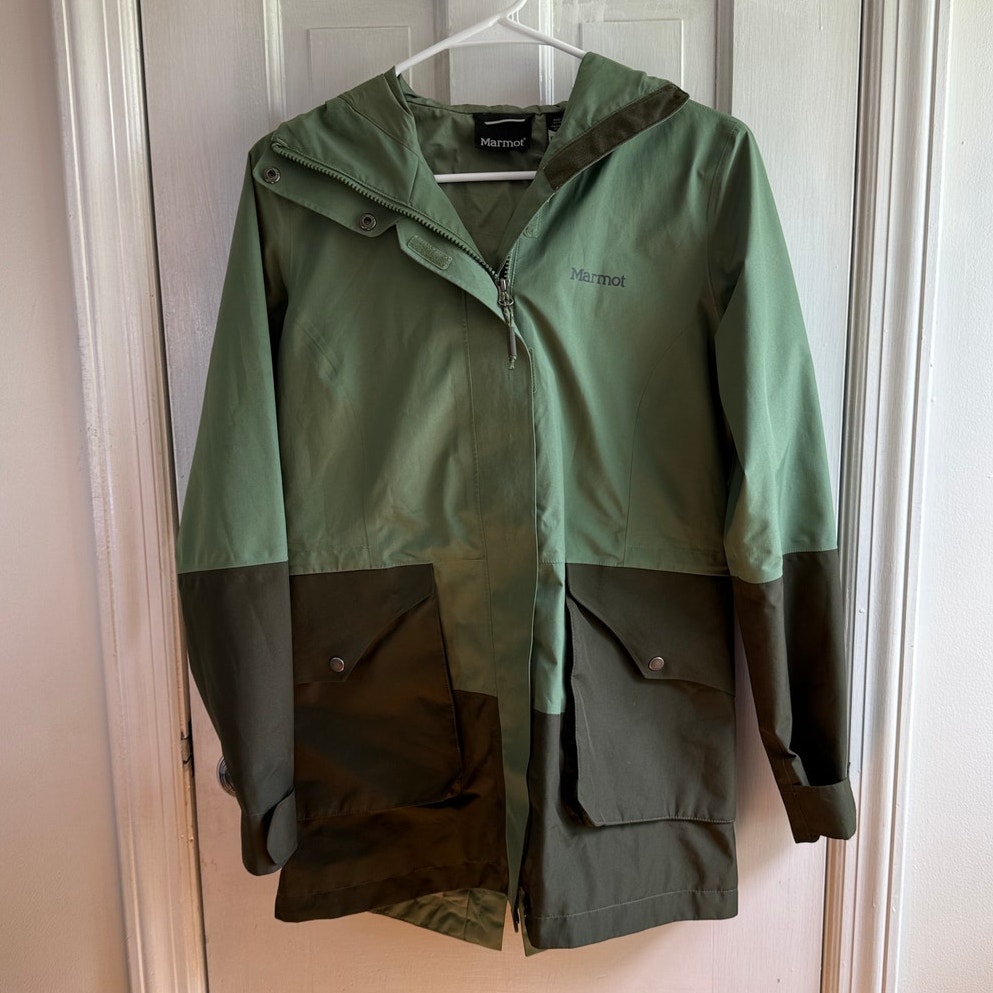 Marmot Women’s Gore-Tex Wend Parka Jacket Green Two-Tone Rain Coat Shell Xs Euc